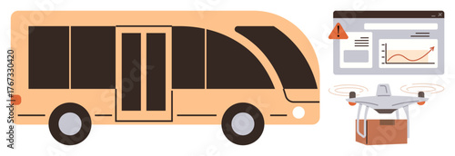 Driverless bus, quadcopter with parcel, analytics dashboard with warning alert. Ideal for smart transportation, automation, logistics, innovation, urban planning, technology evolution simple flat