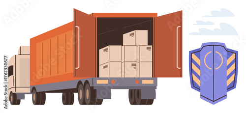 Delivery truck carrying boxes, shield icon representing protection, logistics, and safety. Ideal for transportation, delivery, business, logistics warehousing safety cargo services. Simple flat