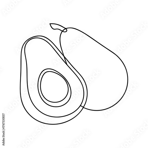 Single line drawing of a whole avocado and half avocado outline