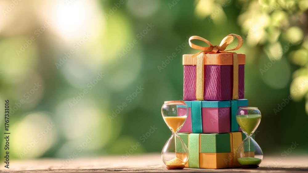Fototapeta premium Stack of colorful christmas gift boxes with satin ribbons next to an hourglass, festive holiday presents with soft green bokeh background, seasonal decorations for winter celebrations