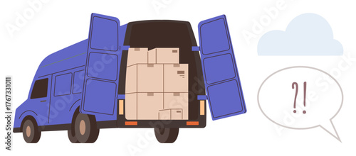 Delivery truck full of boxes with open rear doors, floating speech bubble indicating confusion. Ideal for logistics, shipping, transportation, delivery issues, e-commerce, moving services, simple