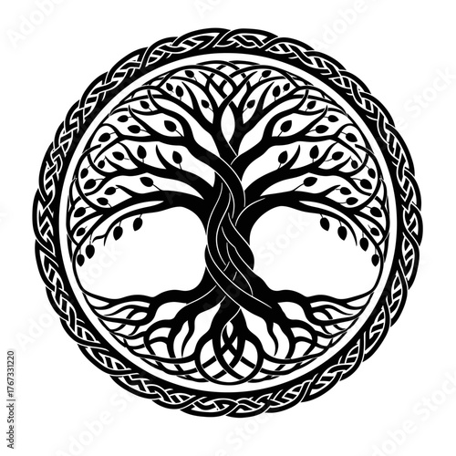 A black silhouette illustration of the Tree of Life, featuring intricately interwoven roots and branches enclosed within a circular Celtic knotwork border