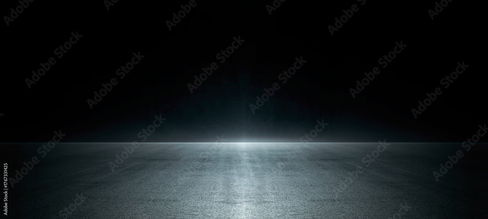 Fototapeta premium Empty dark asphalt street with tire track and skyline at night fog background. Highway or airport runway scene with smoke mist, perfect for Halloween, product display, or racing sports event design.