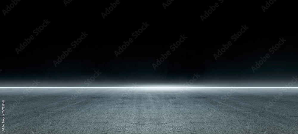 Fototapeta premium Empty dark asphalt street with tire track and skyline at night fog background. Highway or airport runway scene with smoke mist, perfect for Halloween, product display, or racing sports event design.