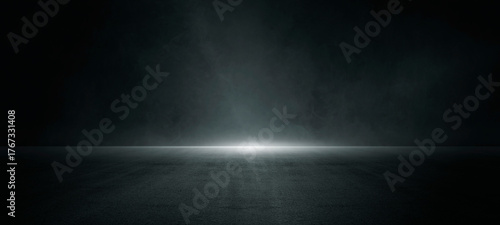 Empty dark asphalt floor and road with tire track, fog, and neon spotlights on skyline night background. Abstract smoke scene for Halloween, concert stage, sports arena, or product display background.