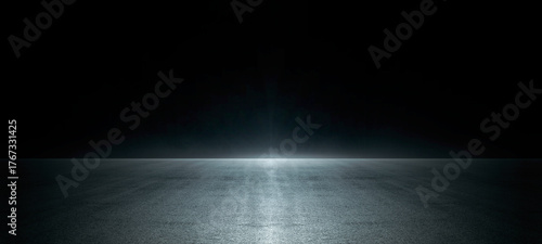 Empty dark asphalt street with tire track and skyline at night fog background. Highway or airport runway scene with smoke mist, perfect for Halloween, product display, or racing sports event design.