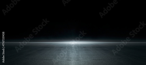Empty dark asphalt street with tire track skyline at night fog background. Highway or airport runway scene with smoke and mist, perfect for Halloween, product display, or racing sports event design.