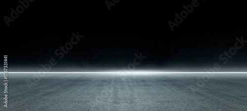 Empty dark asphalt street with tire track and skyline at night fog background. Highway or airport runway scene with smoke mist, perfect for Halloween, product display, or racing sports event design.