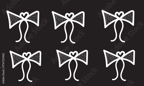 Elegant Heart Bow Icon Set – Minimalist Love Ribbon Symbols on Black Background