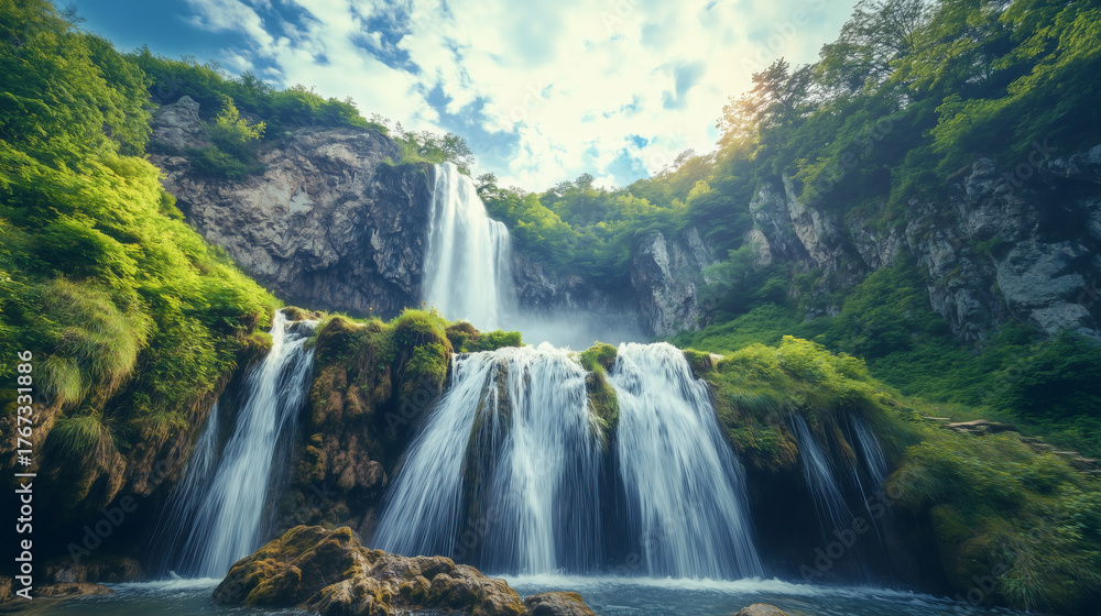 Fototapeta premium Waterfall in the valley from low angle view