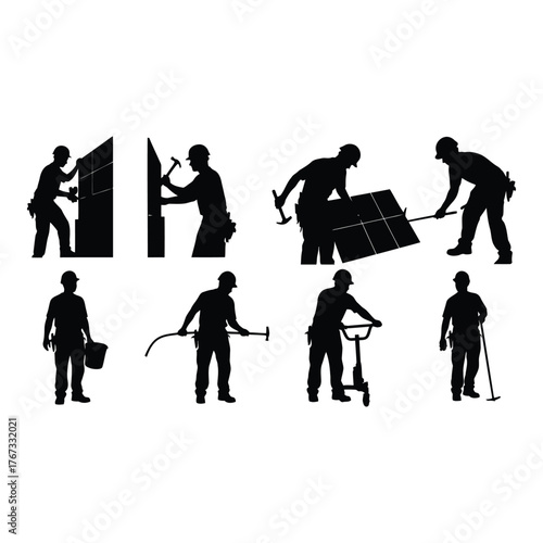 Construction Worker Silhouette Collection Demonstrating Various Labor and Construction Tasks