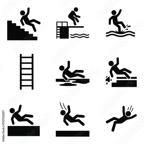 Set of falling people stick figures in various dangerous situations