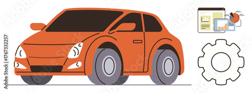 Bright orange car with digital analytics tools and gear, representing innovation, technology, data integration, efficiency, design, performance, transport operations, and simple flat metaphor