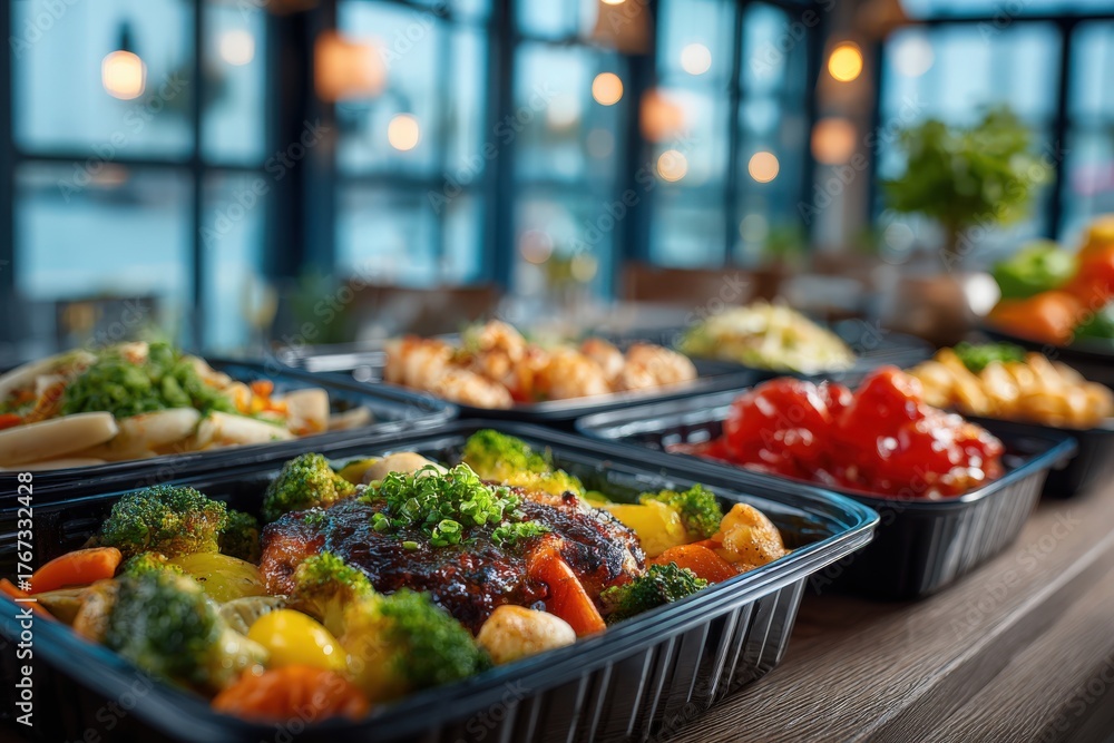Obraz premium Colorful assortment of delicious meals in black containers, featuring vibrant vegetables, sauces, and grains, beautifully arranged on a wooden table in a cozy dining environment