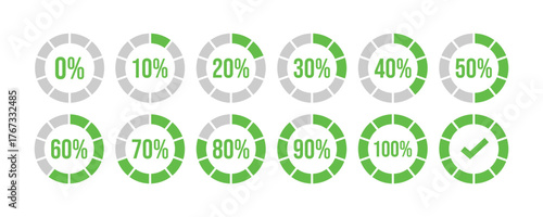 Green Segmented Progress Circle Icons Set - Vector Percentage Load & Data Infographics (0-100%) 0 10 20 20 30 40 50 60 60 70 80 90 100 percent in green.