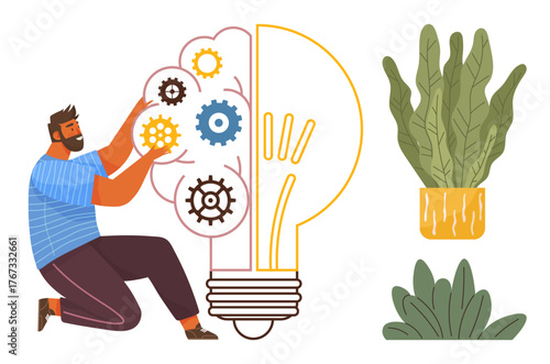 Man kneeling to arrange colorful gears inside a lightbulb, symbolizing innovation and teamwork. Potted plant and leaves add natural energy. Ideal for creativity, innovation, teamwork, sustainability