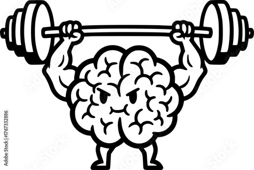 cartoon brain lifting barbell, pink brain with black outline