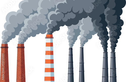 Industrial smokestacks release thick plumes of smoke into the air.