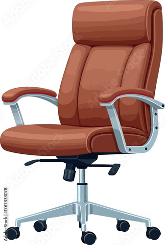 A comfortable brown office chair with a padded back and armrests rests on a wheeled base.