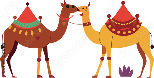 Pushkar Camel Fair scene with decorated camels, desert background, and Rajasthani tents , white background  