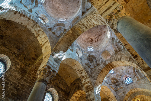 Upward view of medieval domes and vaults in San Cataldo Church, Palermo, Sicily
