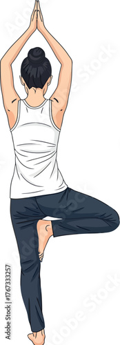 A person performs a tree pose, a balancing yoga asana, on a white background.