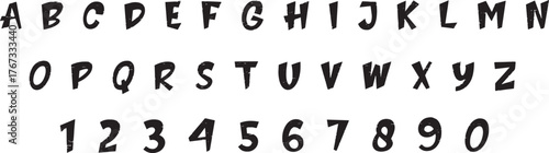 Bold handwritten alphabet with numbers in a playful brush style. Artistic marker lettering for creative typography projects. Modern cartoon font design for posters and digital art.