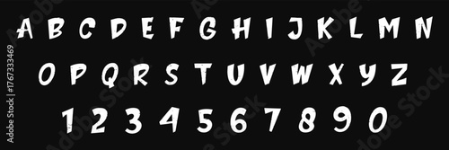 Playful handwritten alphabet with numbers in a bold cartoon style. Fun marker lettering for creative typography projects and digital designs. Whimsical font characters for posters, kids themes