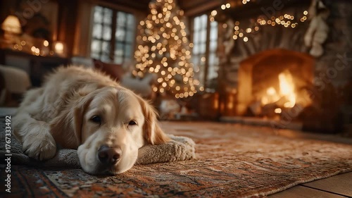 A cozy living room golden retriever by christma tree and fireplace with warm light holiday decor soft rug sleepy dog winter evening peaceful home rustic cabin festive calm atmosphere gentle glow c