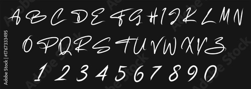 Handwritten brush alphabet with numbers in elegant cursive lettering. Modern script font design for creative typography projects. Stylish calligraphy letters for branding and digital art.