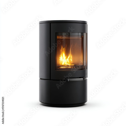Modern black cylindrical wood stove with glowing fire