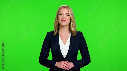 Smiling Professional Woman in Business Suit Presenting Against Green Screen, Ideal for Chroma Key Compositing and Virtual Content