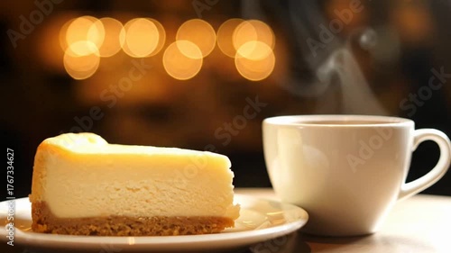 A slice of cheesecake beside a steaming cup of coffee.
