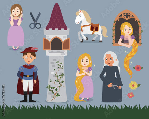 Rapunzel Princess and Prince with Tower and Witch Illustration Set