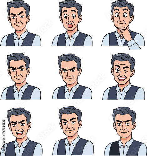 Create a kinds of deferent Business facial expression illustration set of a middle-aged man wearing a vest vector art with white background..
