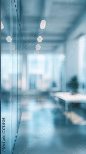 Blurred modern office interior, light blue tones