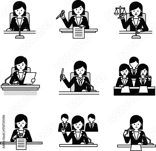 Create a kinds of deferent Simple vector illustration of a businesswoman conducting a hearing vector art with white background..