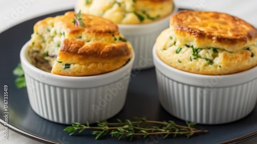 Delicious soufflés served in white ramekins with fresh herbs.