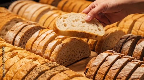 A hand selecting a slice from an array of artisanal bread.