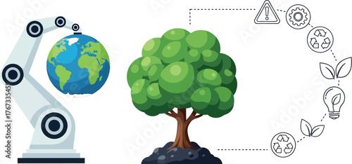 Robotic arm holds Earth near a tree and environmental icons.