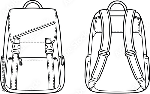 Backpack design illustration, front and back view, travel bag, fashion accessory, outdoor gear, school backpack, technical drawing, vector style