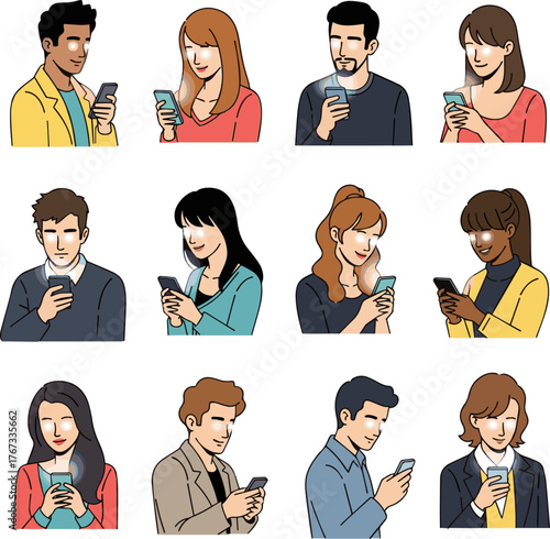 Create a kinds of deferent Simple vector illustration of young men and women holding smartphones and shining eyes vector art with white background..