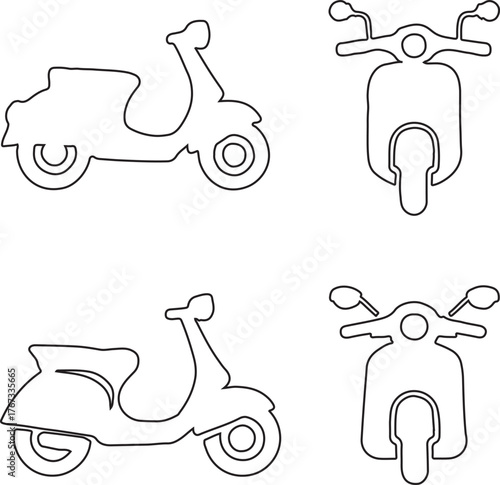 Set of Scooter Outlines. Side and front views of classic motor scooters for urban transport and vintage design concepts. vector illustration