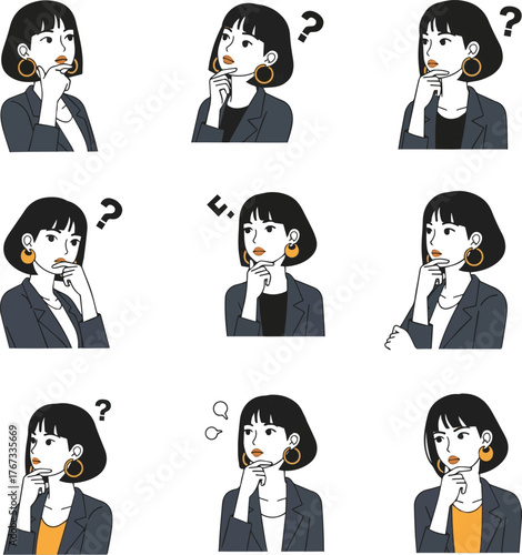 Create a kinds of deferent Simple vector illustration set of a thinking stylish young woman vector art with white background
