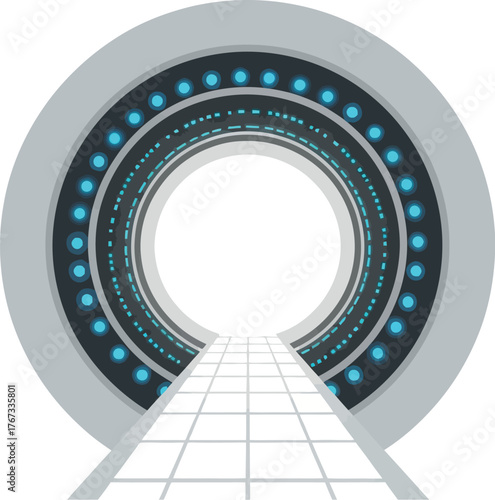 A futuristic portal with glowing lights and a tiled pathway leading forward.