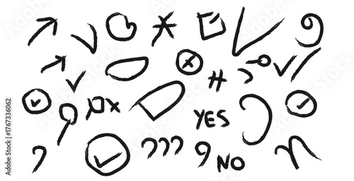 Collection of hand drawn symbols and marks including checkmarks arrows and question marks on white background