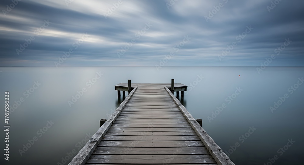 Fototapeta premium Long Wooden Pier Extending into a Misty, Calm Ocean Under a Cloudy Sky.