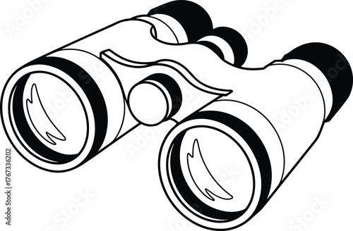 Binoculars line drawing, detailed black and white illustration, optical instrument sketch, vintage design, outdoor exploration tool, birdwatching equipment, surveillance reference