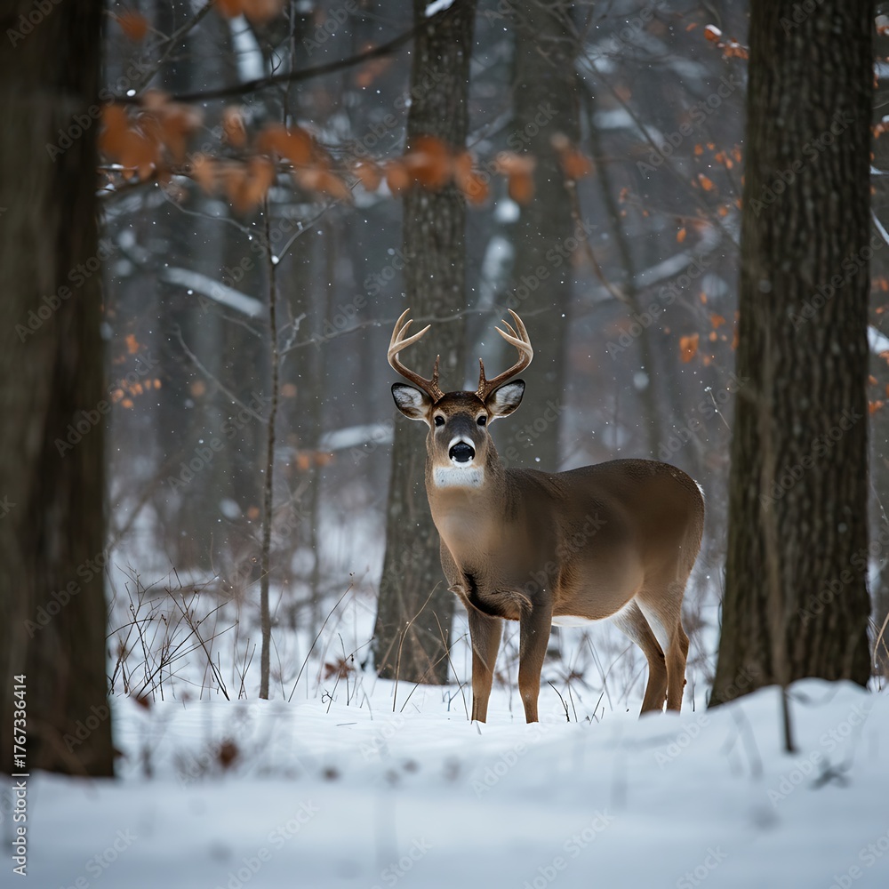 Fototapeta premium Majestic Buck Standing Tall in Snowy Winter Forest.