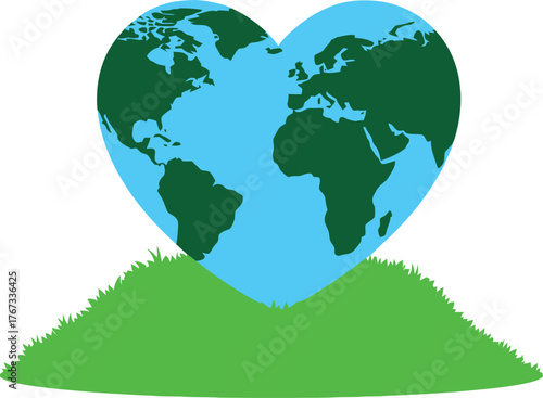 A heart-shaped Earth rests on a green grassy hill